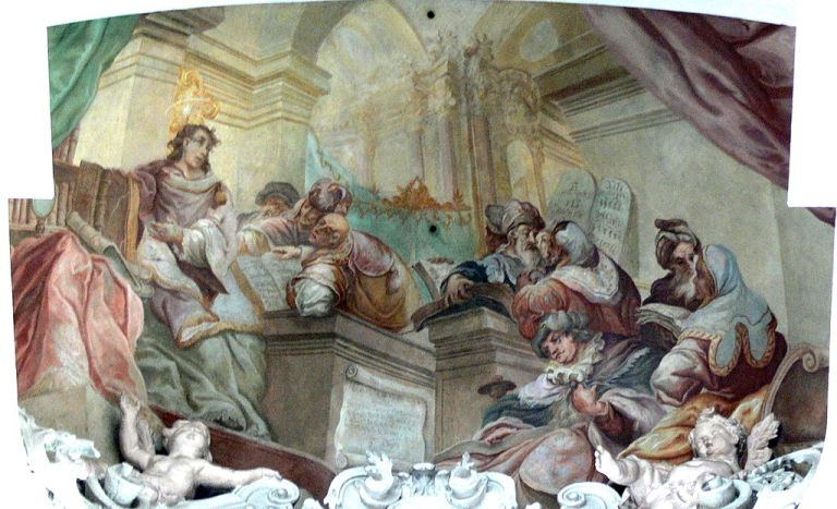 1024px-Metten_Klosterkirche_-_Nischenfresko_1_St.Stefan_und_Schriftgelehrte