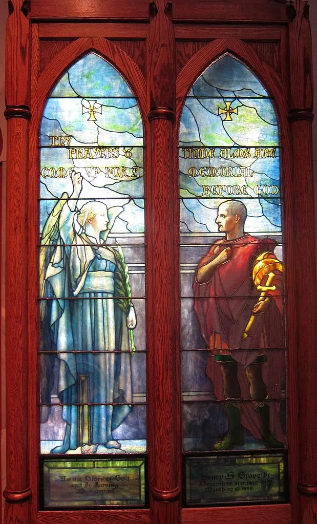 619px-'Saint_Cornelius_and_Angel',_stained_glass_lancet_windows_by_Tiffany_Studios,_c._1910