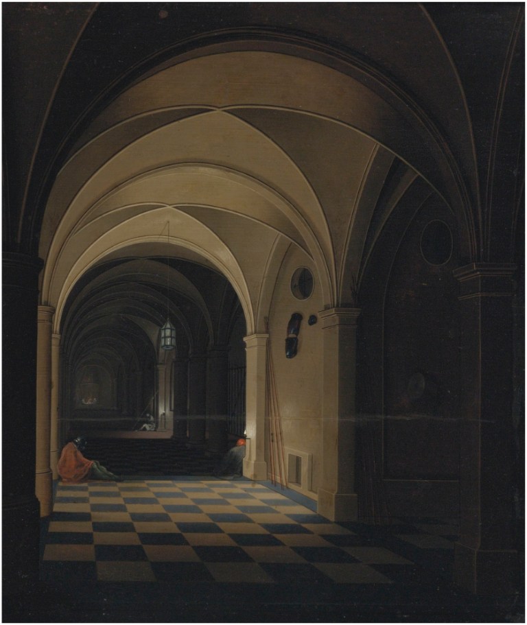 Pieter_Neefs_the_Younger_-_Interior_of_a_prison_with_sleeping_guards,_St_Peter_beyond